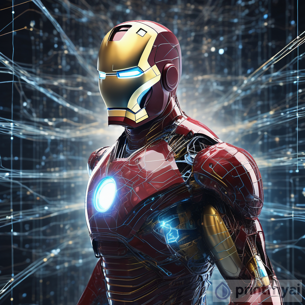 Neural Network Style: Iron Man Suit with Glowing Data Lines | PrintMyAi